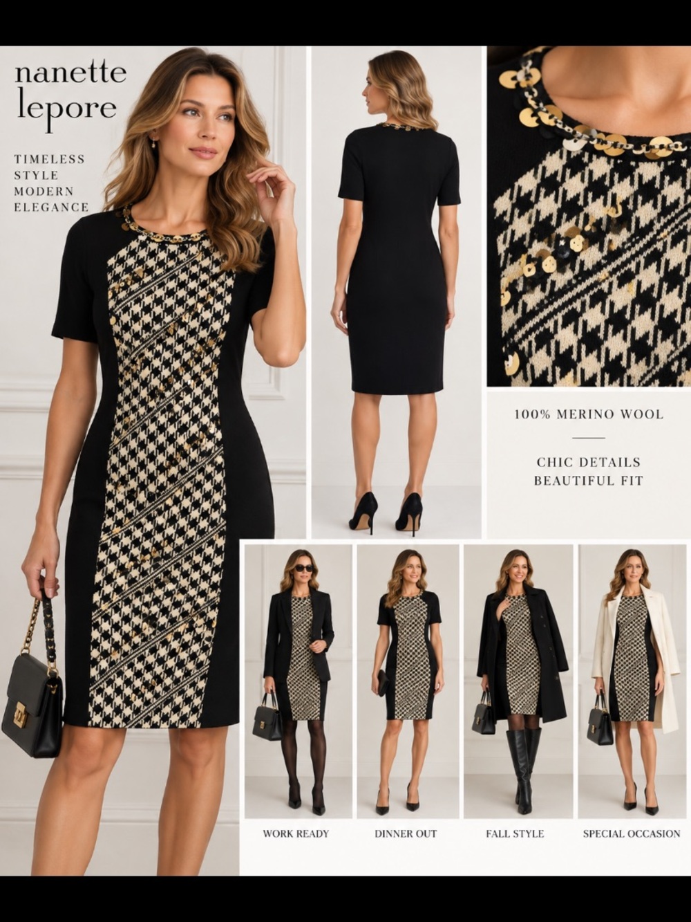 Nanette Lepore Black and Cream Houndstooth Merino Wool Sheath Dress